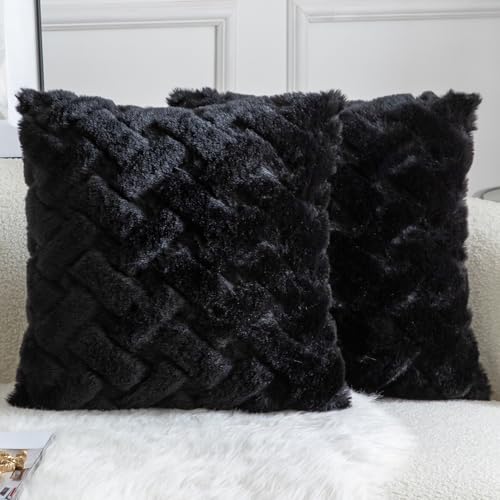 Yaertun Set of 2 Decorative Throw Pillow Covers Thick Plush Wool Throw Pillows Super Soft Luxury Faux Rabbit Fur Velvet Cushion Covers for Couch Sofa Bed Living Room 16x16 Inch Black - color: Black, size: 16" x 16" (Pack of 2)