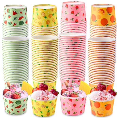 Jingmore 100 Pcs Ice Cream Paper Cups Bulk 8 oz Disposable Dessert Bowls for Hot or Cold Food Snack Treats Gift for Birthday Summer Party Favor Decoration(Summer Fruit) - style: Summer Fruit