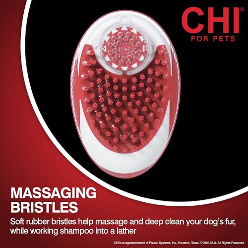 CHI for Dogs Soap Dispensing Palm Brush, Handheld Dog Bathing Scrubber with Built-In Shampoo Dispenser, Soft Rubber Bristles for Massaging and Deep Cleaning All Dog Coat Types, Red | Built-in shampoo dispenser, soft rubber bristles, massages while deep cl