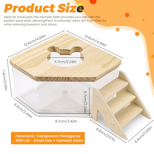 ASTIMESA Plastic Hamster Sand Bath Container with Ladder, Clear Hamster Litter Box Tub Wood Cover for Chinchilla Pet Gerbil Guinea Pig Digging Small Animal House Pentagon
