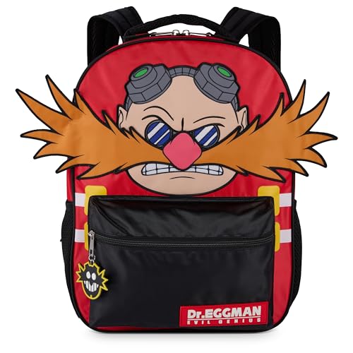 AI ACCESSORY INNOVATIONS Sonic The Hedgehog Backpack for Boys & Girls, Dr. Eggman Big Face 16 Inch Schoolbag with Dr. Eggman Rubber Molded Dangle - style: Dr. Eggman
