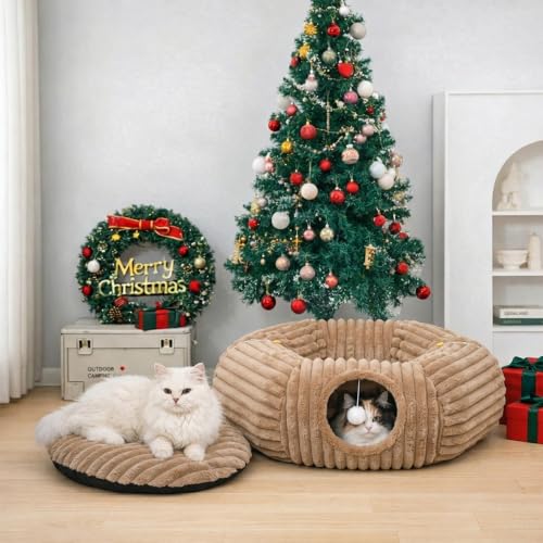 Dogpals Cat Tunnel Bed Cave 33" Lx10 Wx10 H for Indoor Cats(Khaki) | Washable Cozy Cushion, Soft Striped Plush Fabric, Hideaway Peekaboo Cave for Kittens, Puppies, Rabbits & Small Pets - color: Khaki