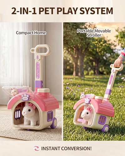 23Pcs Hopping Bunny Toy Set for Kids with Rolling Carrier House | Interactive Electric Walking Rabbit, Pretend Pet Care Grooming & Feeding Kit, Gift for Little Girls Toddlers 3-5 - style: rabbit