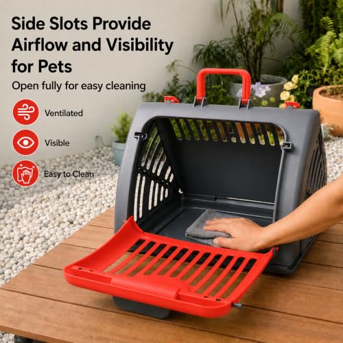 Foldable Portable Pet Carrier, Cat Carrier with Opening Door | Hard-Sided Travel Cat Carrier for Cats & Small Pets up to 25lbs, Red - color: Red