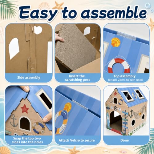 Cinrobiye Cardboard Cat House with Scratcher, Indoor Cat Condo Cat Cave Hideout with Scratch Pad, Cardboard Cat Playhouse Bed for Cats, Kittens, Rabbits & Small Pets (Seaside) - color: Seaside