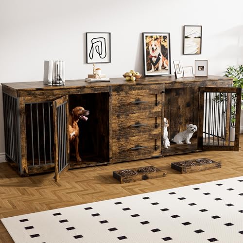 Rophefx 94.5" Dog Crate Furniture for 2 Dogs, Wooden Kennel TV Stand,Brown | Indoor double dog house with 3 storage drawers, 4 feeding bowls, lockable doors, and a wide top for large and medium dogs - color: Rustic Brown