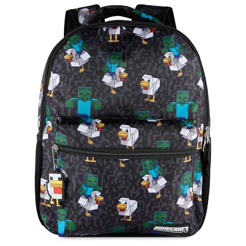 AI ACCESSORY INNOVATIONS Minecraft Chicken Jockey Boys & Girls Backpack, 16” Bookbag w/Molded Chicken Rubber Dangle - color: Minecraft Chicken Jockey Boy