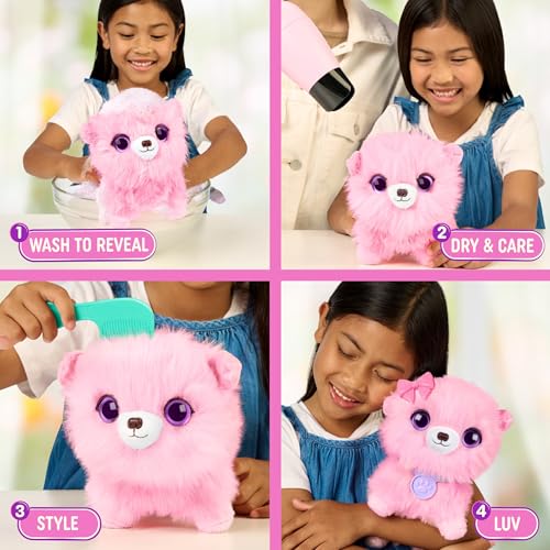 ScruffaLuvs Pink Surprise Pet, Mystery Plush Toy, Wash to Reveal | Wash to reveal 1 of 3 rescue pets, includes deluxe carrier & comb; plush toys for girls ages 3+, gift - style: Pink