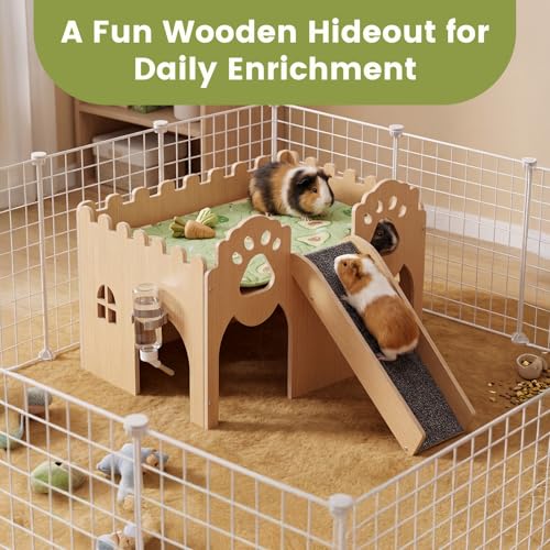 Guinea Pig Castle Extra Large, Sturdy Wooden Hideout House Ventilated Multi-Entry Small Animal Habitat, Easy to Assemble for Guinea Pigs, Bunnies, Hamsters, and Chinchillas