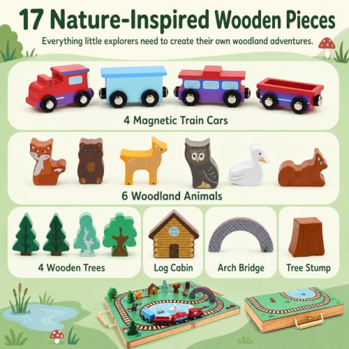 Imagine & Play Nature Explorer – 17 Piece Wooden Train Set with Foldable Carrying Board, Forest Animals & Bridge – Toddler Toys, Train Toys, Toys for Kids Boys & Girls 3+, Gifts for 3 Year Old Boys