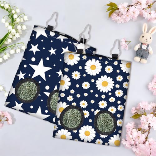 2Pcs 2 Styles Hay Feeder Bag for Bunny Guinea Pigs Chinchillas 11.6 x 9.1 Inch Small Animal Hay Bags with 2 Holes Blue Star Daisy Cloth Washable Hanging Pet Feeding Storage Cage Accessories - color: Star