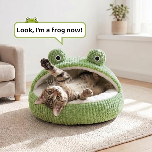 CWV Cute Cat Beds Kitten Beds, Soft Small Dog Beds, Washable Pet Beds for Puppy and Kitty, Funny Frog Cat Cave, 23 Inches - color: White＆Green