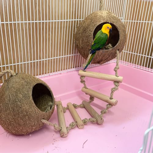 Bird Coconut Hides Nest with Ladder Parrot Cage Hanging Natural Coco Shell Hut Hide Toy with Wooden Bridge Hollow Hideaway Toys for Parakeet Lovebird Finch Canary 2PCS - size: 2PCS 22.04*13.38in