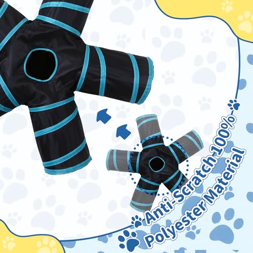 Pet Cat Tunnel, 5 Way Tunnels for Indoor Cats, Collapsible Pet Tunnel for Kitten, Puppy, Rabbit, 25cm-Wide Tunnels, Durable & Breathable, with Peek Hole Toy Ball - color: 5-way & Black/Blue