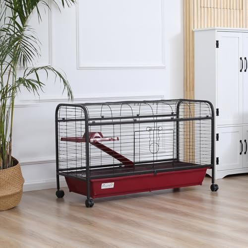 41" L Small Animal Cage Rabbit Hutch Ferret Pet Play House with Feeder, Rolling Wheels, Platform, Ramp Black Multi-Level Design Ideal for Rabbits & Ferrets
