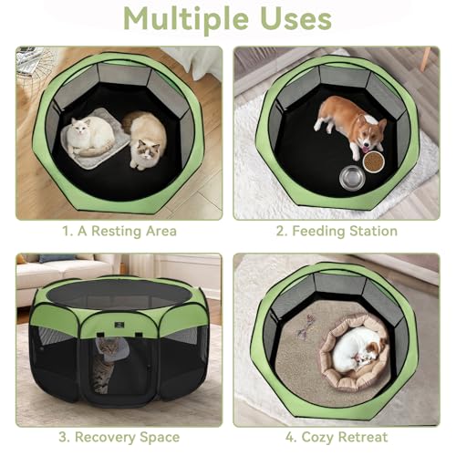 Dog Playpen for Small Dogs & Puppies, 29.92" Portable Indoor Outdoor Puppy Playpen with Bowl, Waterproof Floor, Foldable Pop-Up Pet Pen for Home, Travel & Daily Use, Green+Black - color: Green+Black, size: S(29.92"x29.92"x16.5")