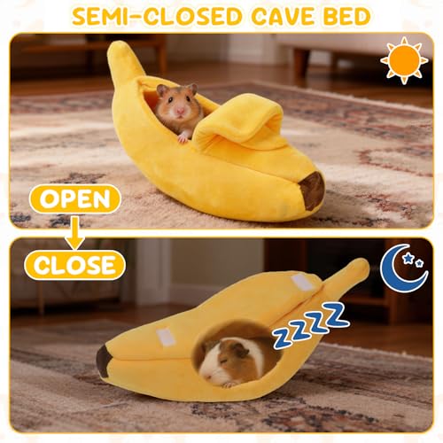 Midollarle Guinea Pig Bed, Plush Banana Snuggle Sack Hideout, Yellow S | 13.7 x 5.1 x 4.7 in S Size, Banana Cave, Peel-Open Design, PP Cotton Plush, Machine Washable, Ferrets and Hedgehogs