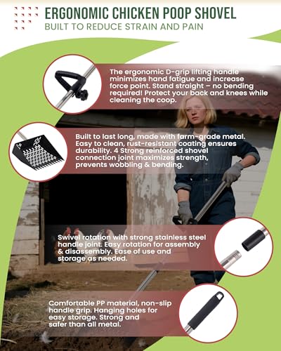 2-in-1 Chicken Poop Scooper & Rake - 10” Metal Chicken Poop Sifter Shovel with Fine Mesh, Pooper Scooper for Sand - Adjustable 39–67” Stainless Steel Handle, Animal Waste & Coop Cleaning Tool