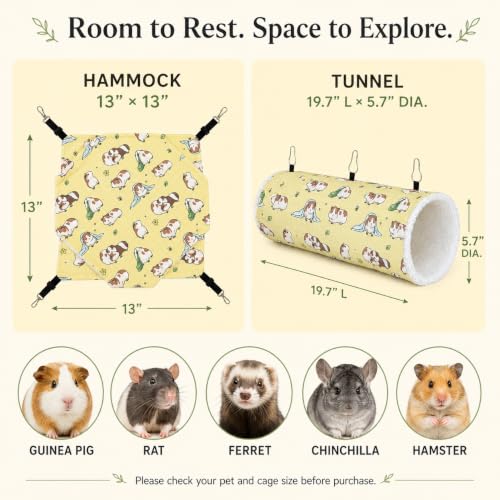Small Pet Hammock & Tunnel Set for Ferrets, Guinea Pigs, Rats - Plush Hideout Bed & Cage Toy, 2-Pack, Yellow Guinea Pig Print - color: Yellow