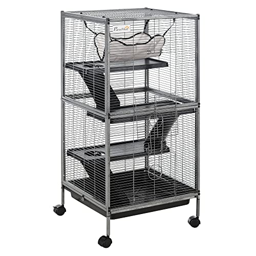 PawHut Metal Small Animal Cage, 4-Tiers Rolling Big Ferret Cage, Gray | with Hammock, Removable Tray, for Chinchilla, Sugar Glider - color: Grey, size: 20.5"L x 20.5"W x 44.8"H
