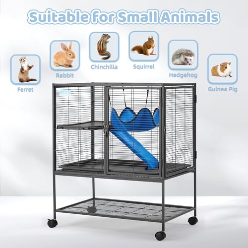 Fragess Large 36.5" Rolling Metal Cage, 2-Tier Small Animal Cage for Ferrets, Chinchillas, Rats, with 0.5'' Bar Spacing, Removable Ramp & Platform (Medium)