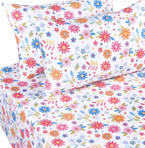 Scientific Sleep Kids Hand Sketch Flower Leaves Pastoral Garden Cute 100% Cotton 4 Pcs Full Bed Sheet Set Kids Toddler Teen, Flat Sheet & Fitted Sheet & Pillowcase Girls Bedding Set - color: Colorful Flower, size: Full