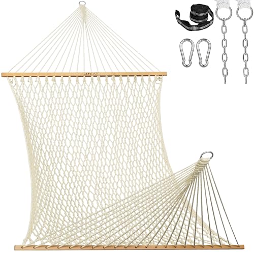 Lazy Daze 13 Ft Double Handwoven Polyester Rope Hammock with Tree Straps | Mesh Hammock for 2 Person, with Spreader Bar, Carabiners, Chains for Outside, Backyard, Patio, 450 Lbs Capacity - color: Natural