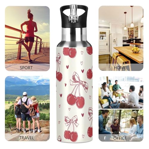 Red Bow Cherry Water Bottle Girls Kids Stainless Steel with Straw Lid | Leak Proof Water BottleBoys Girls Insulated Tumbler Cup for School 20 oz - color: Multi19