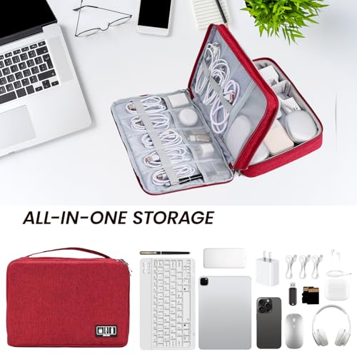 Electronic Organizer Travel Case, Double Layer Cable Organizer Bag | Double-layer design with adjustable dividers, mesh pockets and elastic loops for chargers, cables, power banks and gadgets - color: red