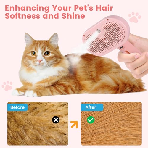 Steam Brush for Shedding Pets - Self-Cleaning Grooming Comb with Water Tank for Long & Short Haired Cats and Dogs (Pink) - color: Pink
