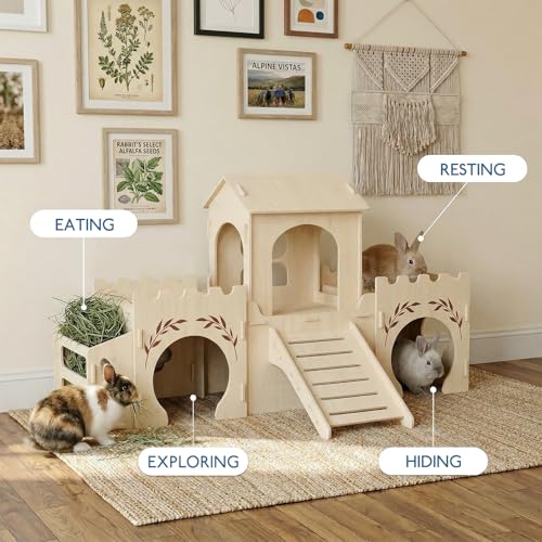 2-Level Wooden Rabbit Castle with Ramp and Hay Feeder | 3 connected rooms, center tower, rooftop platform, ramp, side hay feeder and multiple entrances for indoor enclosures - size: Extra Large