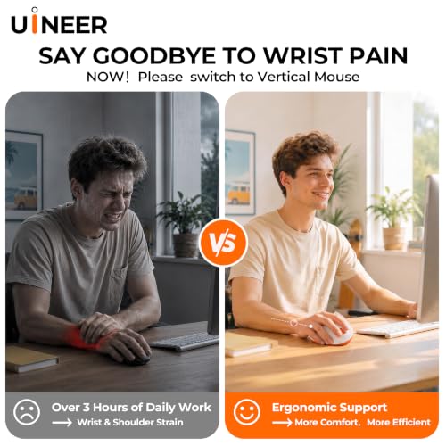 Uineer Vertical Ergonomic Mouse, Wireless Bluetooth Mouse, 3-Device | Switch among 3 devices via dual Bluetooth and 2.4G; rechargeable with 7-color ambient lighting. - color: Orange