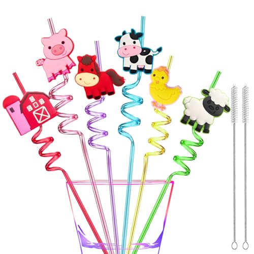 24 Reusable Plastic Drinking Straws for Farm Animal Birthday Party Favors | Fun Crazy Straws for Kids,Horse Cow Duck Sheep Pig Tractor Barnyard Theme Party Decorations,Classroom Prizes Student Gifts