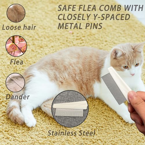 Cat Grooming Brush Kit 6 Tools - Deshedding & Dematting for Long/Short Hair, Self-Cleaning Slicker Brush with 6-in-1 Flea Comb for Cats & Kittens (White) - color: White
