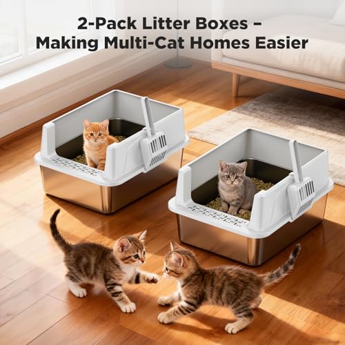FURTIME 2 Pack Stainless Steel Cat Litter Box with Lid, Metal Kitty Litter Box for Small Cats, Kitten Litter Boxs with Non-Sticky, Anti-Leakage, Easy to Clean, 17"x13"x8.4" (Small) - color: Silver