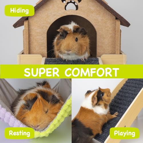 BESNEW 3 in 1 Enlarged Guinea Pig Hammock,Wooden Guinea Pig Hideout with House & Platform & Stairs Small Animal Toys for Hiding Sleeping Activities - color: Brown Roof
