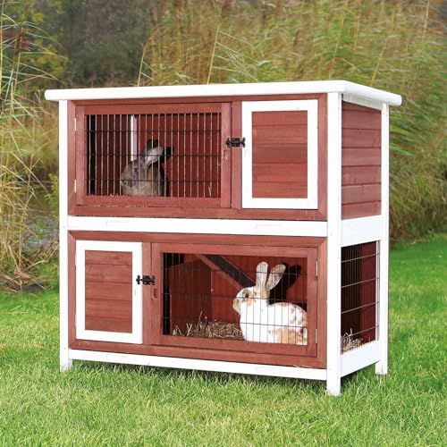 TRIXIE natura Outdoor Double Rabbit Hutch - Indoor Small Animal House, Bunny Cage with Two Sleeping & Play Areas - Includes a Non-Slip Ramp Hinged Roof & Two Pull-Out Trays - in Auburn - style: 2-Story Rabbit Hutch, Brown/White