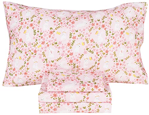 Scientific Sleep Pink Flower Floral Rabbit Bunny 100% Cotton 4 Pcs Twin Bed Sheet Set Kids Toddler Teen, Flat Sheet & Fitted Sheet & Pillowcase Kids Bedding Set (Rabbit Flower, Full) - color: Rabbit Flower, size: Full
