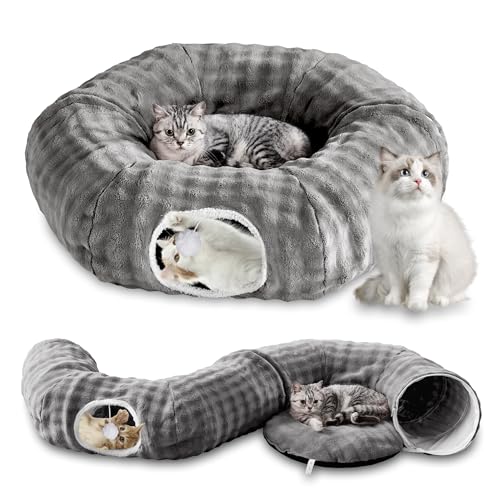 Bubble Round Cat Tunnel for Indoor Cats, Grey | Peekaboo Cave Toy with Dangling Balls, Donut Tunnel Bed with Circle Mat for Puppy Kitten Rabbit - color: Grey, size: Round