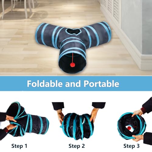 Cat Tunnel Tube Toys, 3 Ways Tunnels for Indoor Cats with Play Ball | Collapsible Pet Tube with Interactive Peephole Interactive Toy for Rabbits, Kittens, Ferrets, Puppy(Blue Black) - color: 3 Way Black Blue