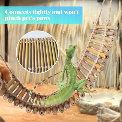 kathson Reptile Bridge for Terrarium,Bearded Dragon Wooden Bridges Gecko Hammock with Hanging Plants Lizard Lounger Bamboo Ladder Reptiles Tank Accessories Climbing for Chameleons Geckos Snakes (3Pcs) - size: Large