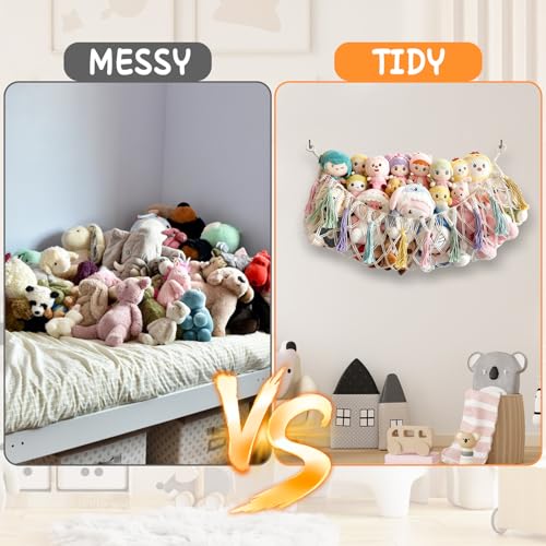 Bohemian Stuffed Animal Hammock, 51" Large Toy Storage Net for Plush Toys, Kids Room & Nursery Wall Hanging Organizer, Macrame Corner Storage, Baby Girl Room Decor Gift.