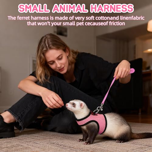 2pcs Animal Harness and Leash, Ferret Harness No Pull Soft Mesh Red Pink,S | Soft Mesh Comfort, Bell for Outdoor Walks, Velcro Easy-On Fit, 4.4 ft Leash, for Baby Ferrets, Rats and Guinea Pigs - color: red+pink, size: Small (Pack of 2)