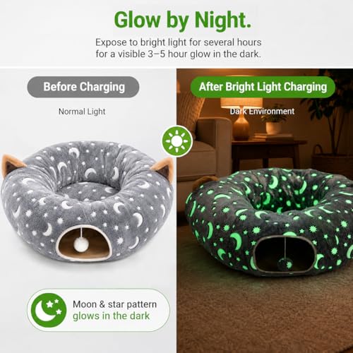 Cat Tunnel Bed Under Christmas Tree with Plush Ball Toy Playground Crinkle Collapsible Self-Luminous Flannel Fabric 3FT for Large Cats Kittens Kitty Small Animals Puppy Grey Moon Star - size: 3FT