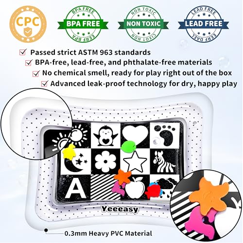 Yeeeasy Tummy Time Water Mat丨Inflatable Tummy Time Water Play Mat for Babies, Infants and Toddlers 3 to 24 Months Promote Development Toys Baby Toys Essentials and Gifts, Black and White - color: Black and White