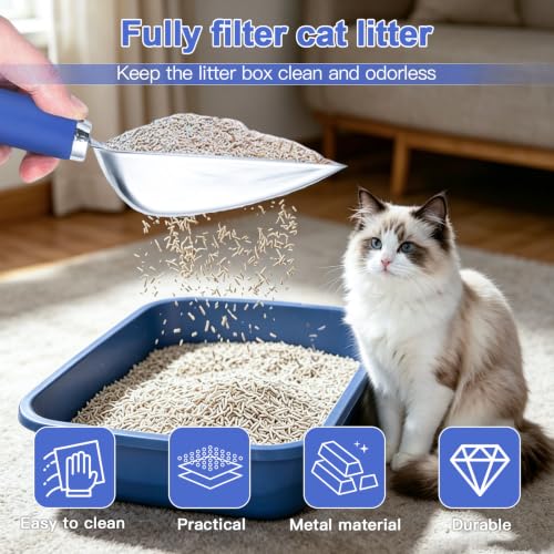 Cat Litter Scoop - Metal Cat Litter Scoop - Stainless Steel Scoop for Cats - Sturdy Metal Mesh - Rubber Handle - Easy to Clean, Suitable for Cat Litter Boxes (Blue) - color: blue