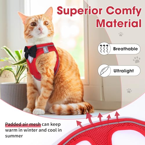 Cat Vest Harness and Leash Set, Escape Proof Kitten Harness Red XS | Safe Reflective Strips, Adjustable Easy Wear Kitty Harness, Sturdy Clip Buckle, Breathable Mesh , for Kitty Puppy Bunny Walks - color: Red, size: XS