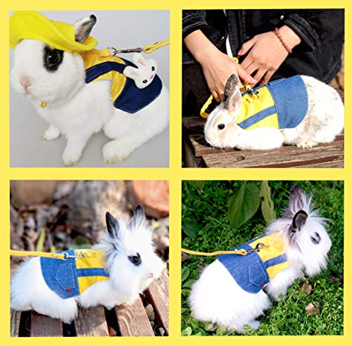Guinea Pig Clothes,Soft Bunny Ferret Clothes with Pet Rabbit Harness and Leash Mini Hat Bag Cute Brooch for Kitten Small Animal Collars - color: ADenimYellow, size: Medium
