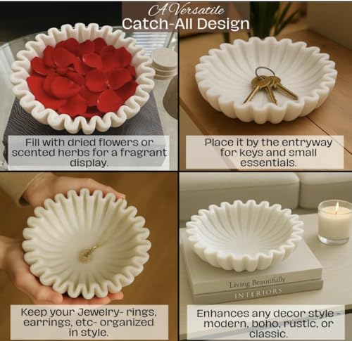 SWADESHI BLESSINGS Handcrafted Marble Ruffle Bowl for Home Decor, 6" | 100% Real White Marble, Catch-all Scalloped Fluted Decorative Bowl for Ring Dish, Fruit Bowl, Coffee&Dining Table, Gift-Ready - size: 6 Inches