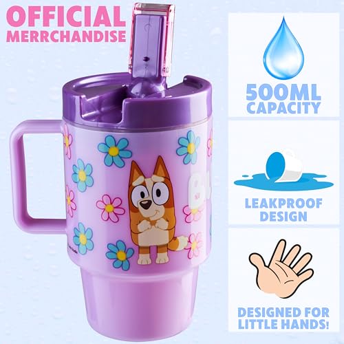 Get Trend Bluey Kids Water Bottle with Straw 16.9 oz BPA Free Plastic Cup with Lid Handle Reusable Drinking Tumbler for School Gifts for Kids (Purple Bluey) - color: Purple Bluey